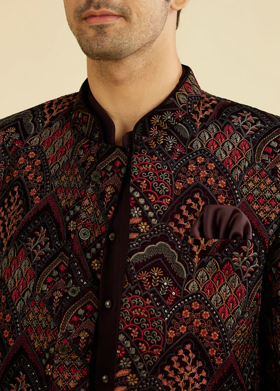 Manyavar Men Wine Red Indo Western Set with Fern Motifs in a Fish Scale Pattern