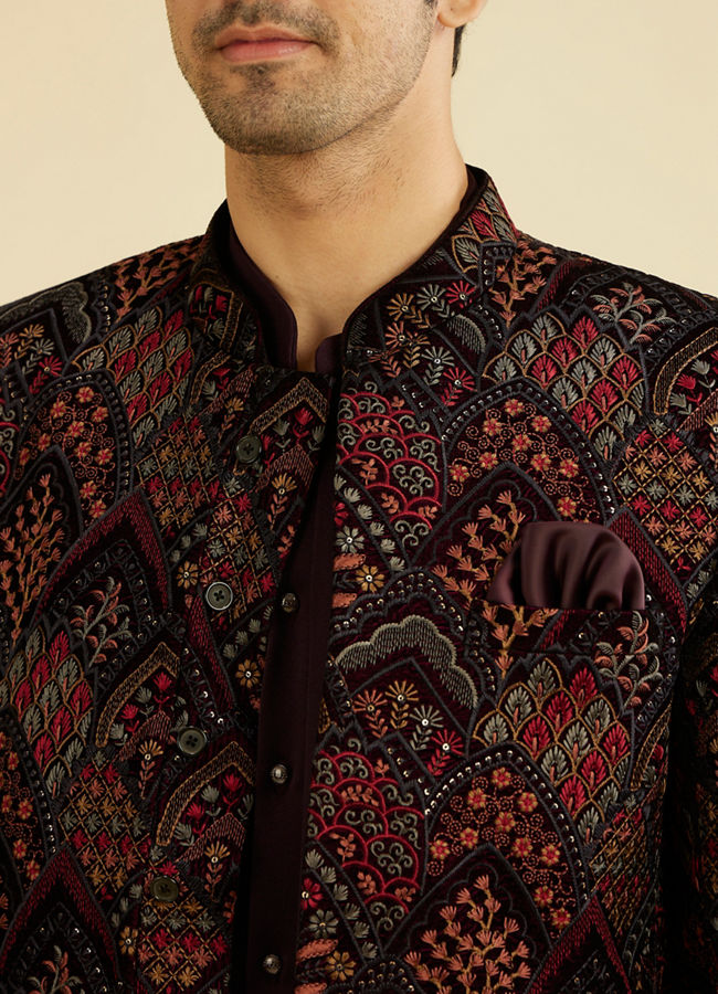 alt message - Manyavar Men Wine Red Indo Western Set with Fern Motifs in a Fish Scale Pattern image number 1