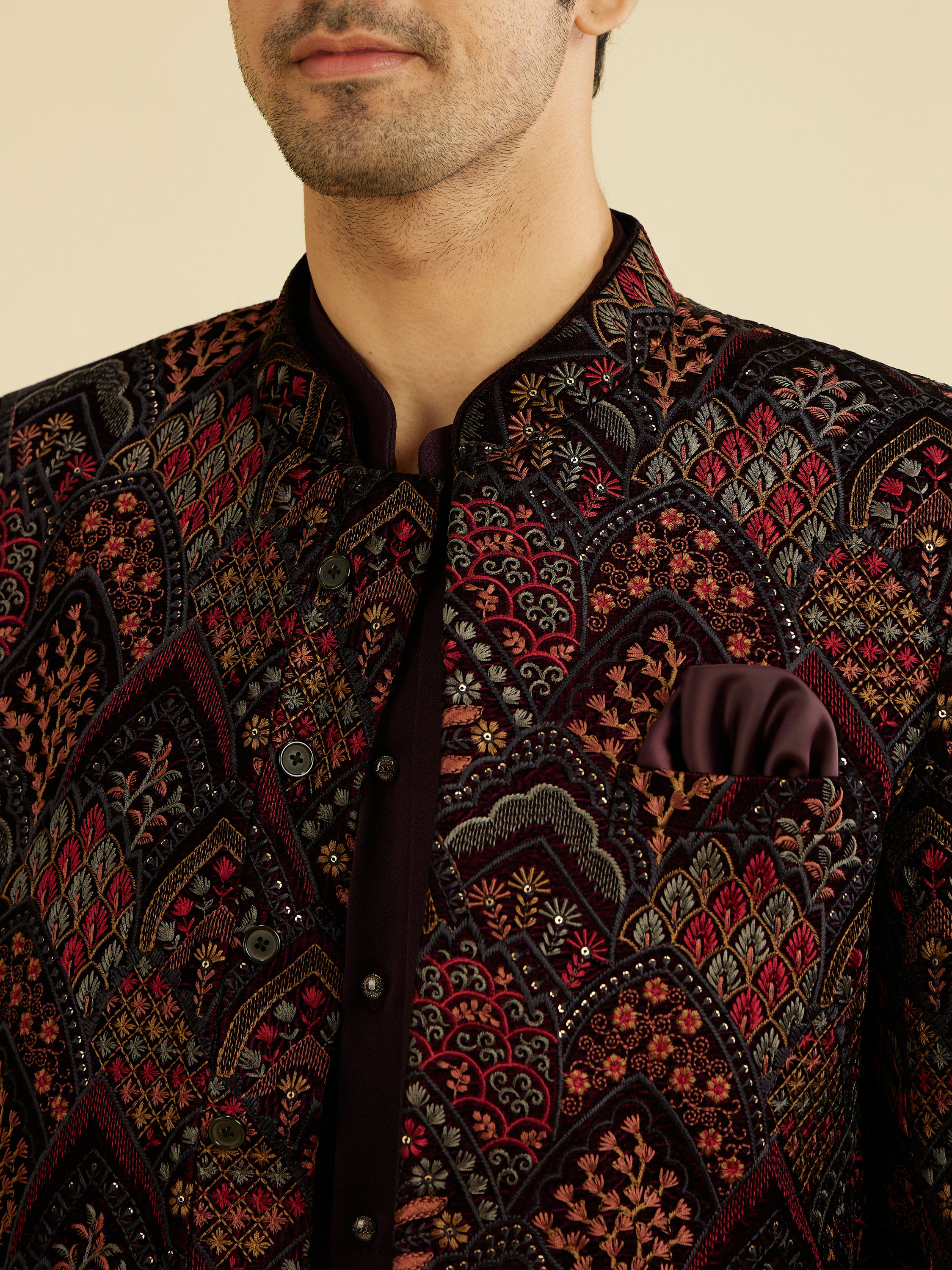 Manyavar Men Wine Red Indo Western Set with Fern Motifs in a Fish Scale Pattern