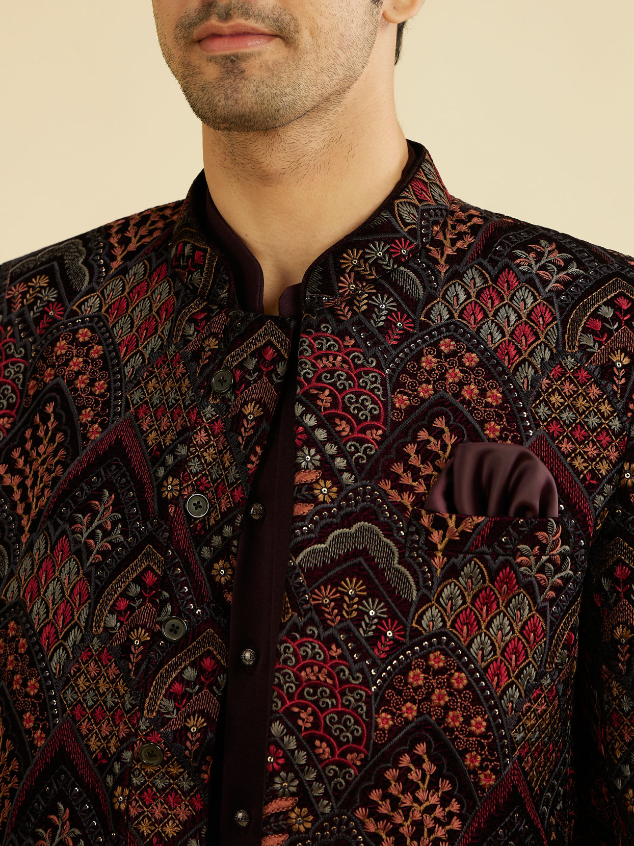 alt message - Manyavar Men Wine Red Indo Western Set with Fern Motifs in a Fish Scale Pattern image number 1