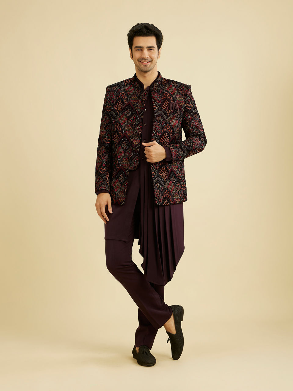 Manyavar Men Wine Red Indo Western Set with Fern Motifs in a Fish Scale Pattern