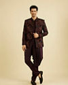Manyavar Men Wine Red Indo Western Set with Fern Motifs in a Fish Scale Pattern