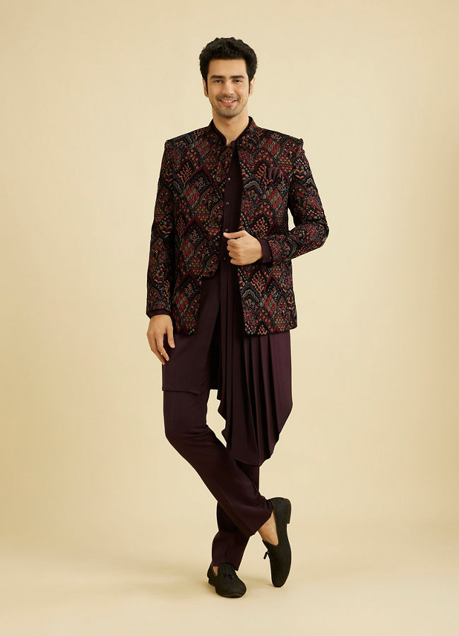 Manyavar Men Wine Red Indo Western Set with Fern Motifs in a Fish Scale Pattern