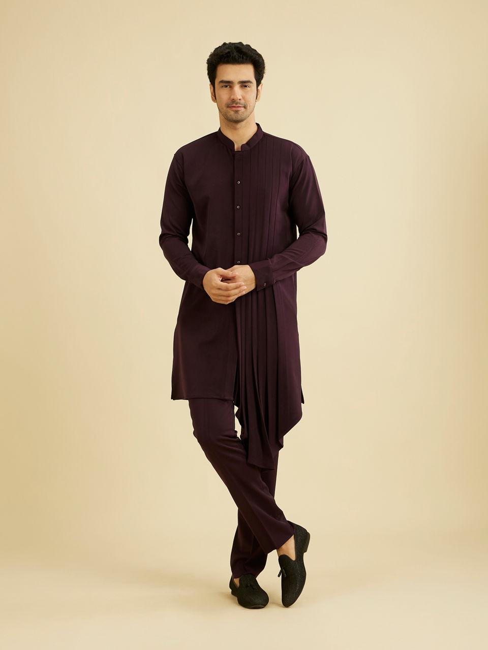 Manyavar Men Wine Red Indo Western Set with Fern Motifs in a Fish Scale Pattern