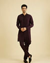 Manyavar Men Wine Red Indo Western Set with Fern Motifs in a Fish Scale Pattern