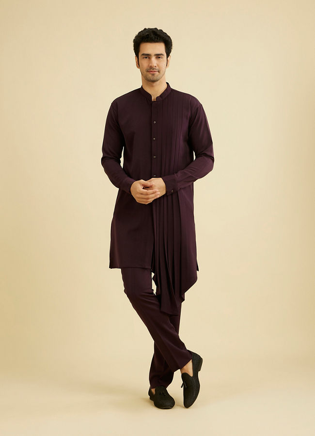 Manyavar Men Wine Red Indo Western Set with Fern Motifs in a Fish Scale Pattern