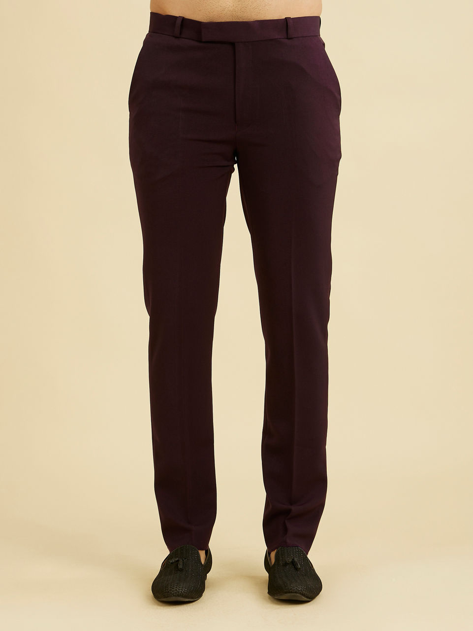 Manyavar Men Wine Red Indo Western Set with Fern Motifs in a Fish Scale Pattern