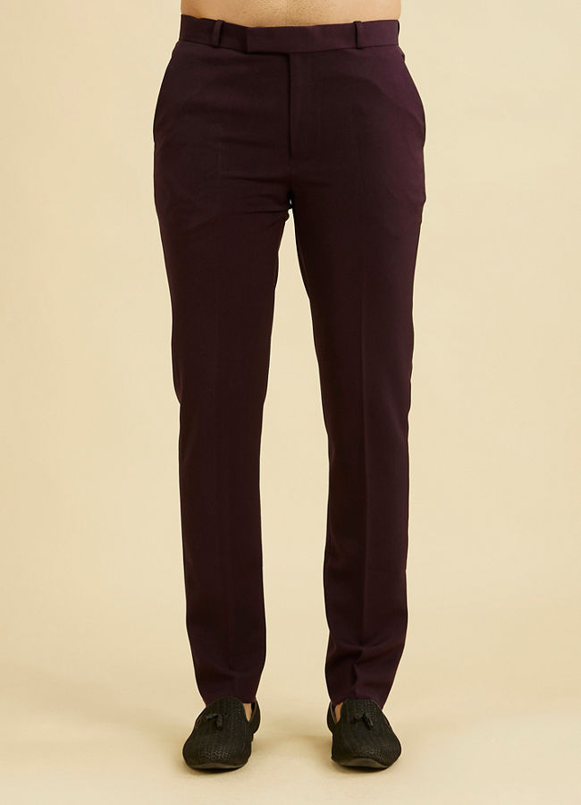 Manyavar Men Wine Red Indo Western Set with Fern Motifs in a Fish Scale Pattern