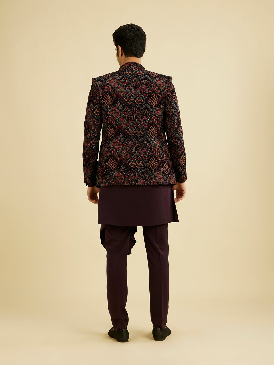 Manyavar Men Wine Red Indo Western Set with Fern Motifs in a Fish Scale Pattern