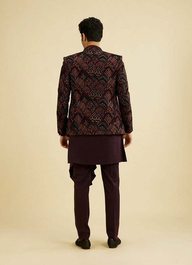 alt message - Manyavar Men Wine Red Indo Western Set with Fern Motifs in a Fish Scale Pattern image number 5