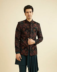 Manyavar Men Teal Green Indo Western Set with Fern Motifs in a Fish Scale Pattern