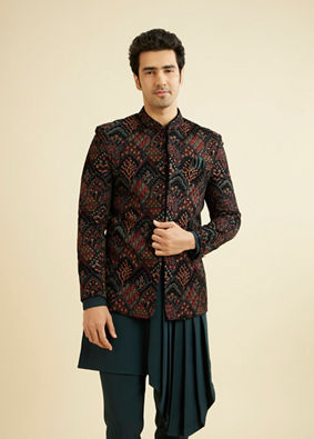 alt message - Manyavar Men Teal Green Velvet Splendor Indo Western image number 0