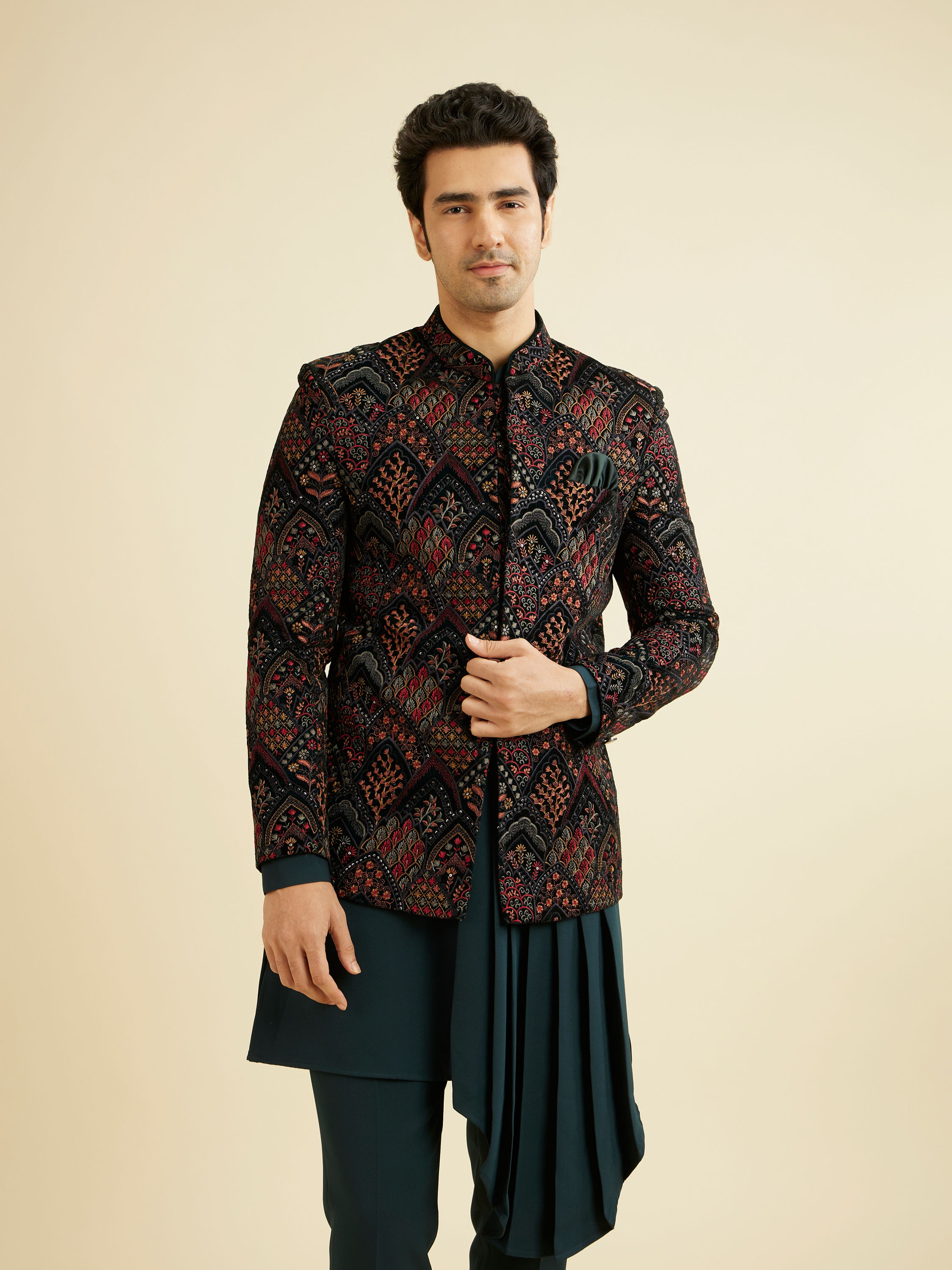 Manyavar Men Teal Green Indo Western Set with Fern Motifs in a Fish Scale Pattern