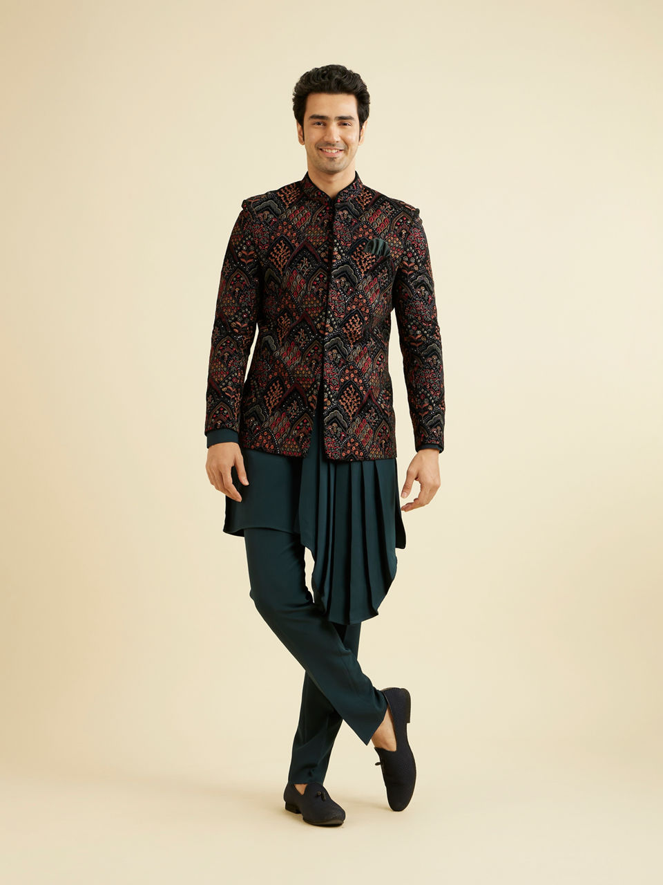 Manyavar Men Teal Green Indo Western Set with Fern Motifs in a Fish Scale Pattern