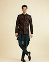 Manyavar Men Teal Green Indo Western Set with Fern Motifs in a Fish Scale Pattern