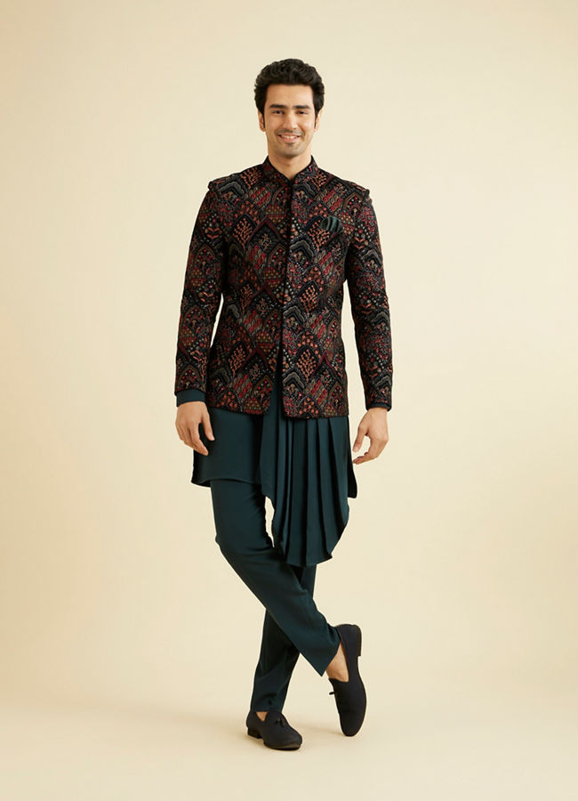 Manyavar Men Teal Green Indo Western Set with Fern Motifs in a Fish Scale Pattern
