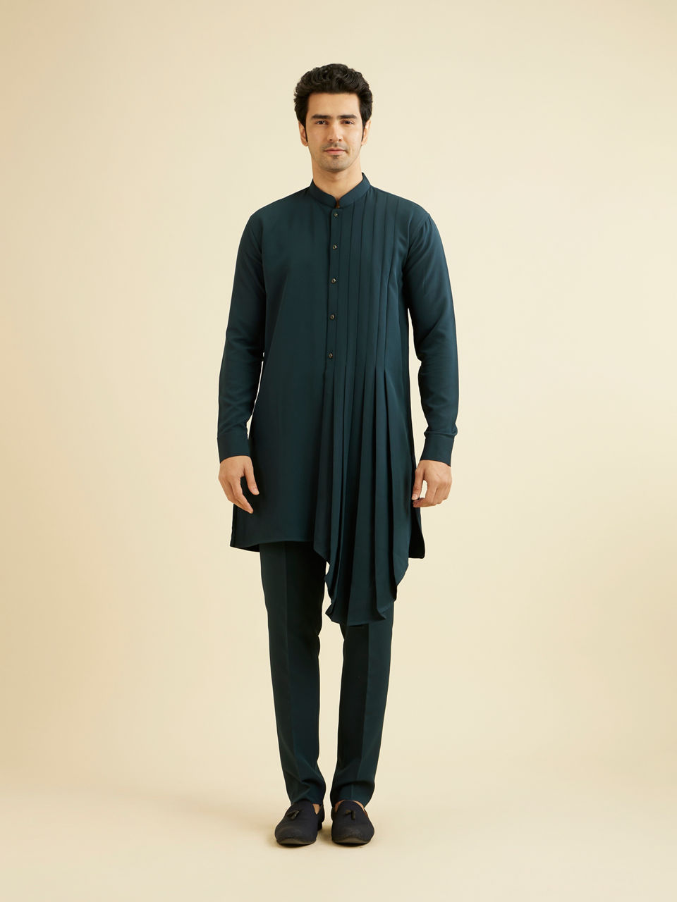 Manyavar Men Teal Green Indo Western Set with Fern Motifs in a Fish Scale Pattern