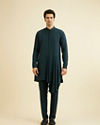 Manyavar Men Teal Green Indo Western Set with Fern Motifs in a Fish Scale Pattern