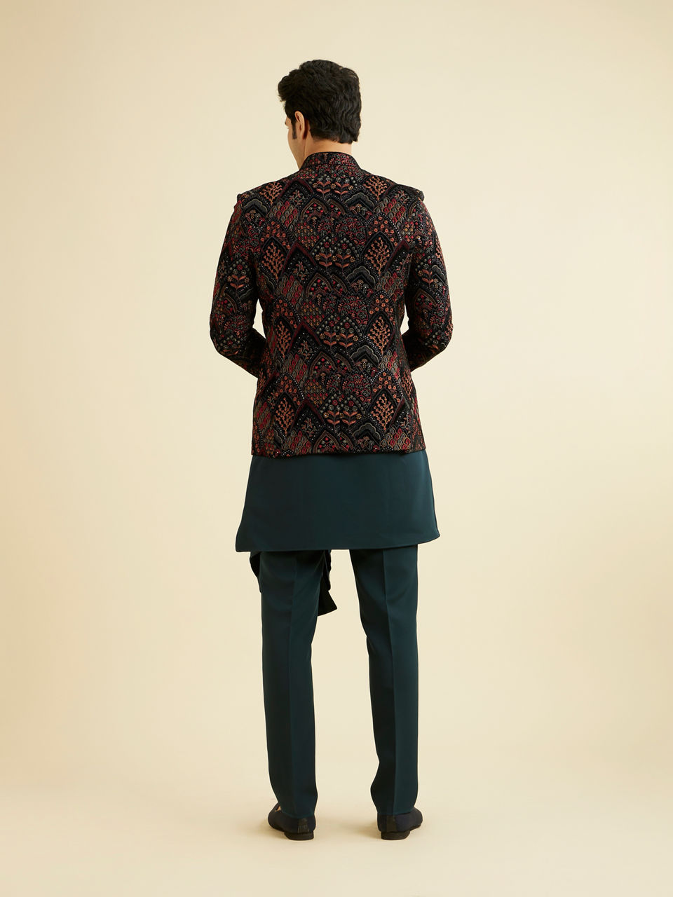 Manyavar Men Teal Green Indo Western Set with Fern Motifs in a Fish Scale Pattern