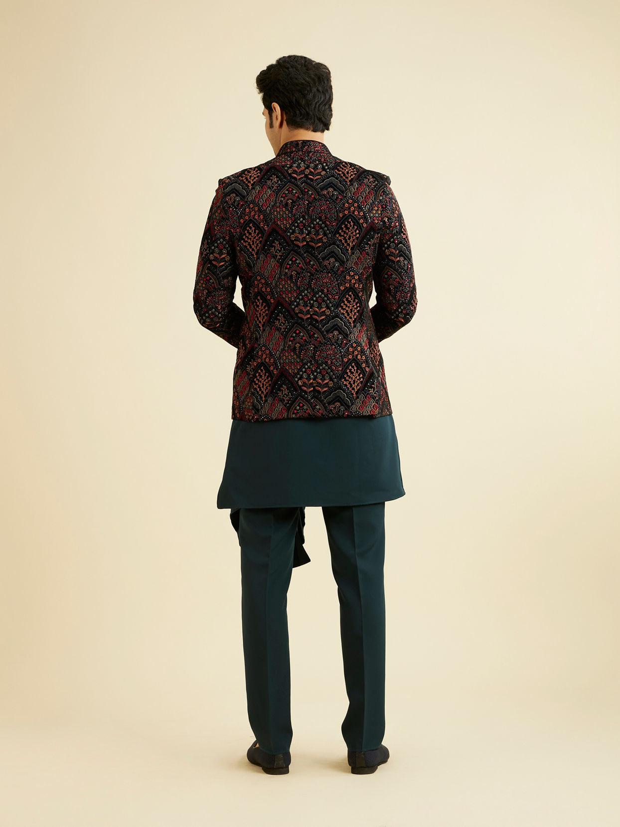 Manyavar Men Teal Green Indo Western Set with Fern Motifs in a Fish Scale Pattern