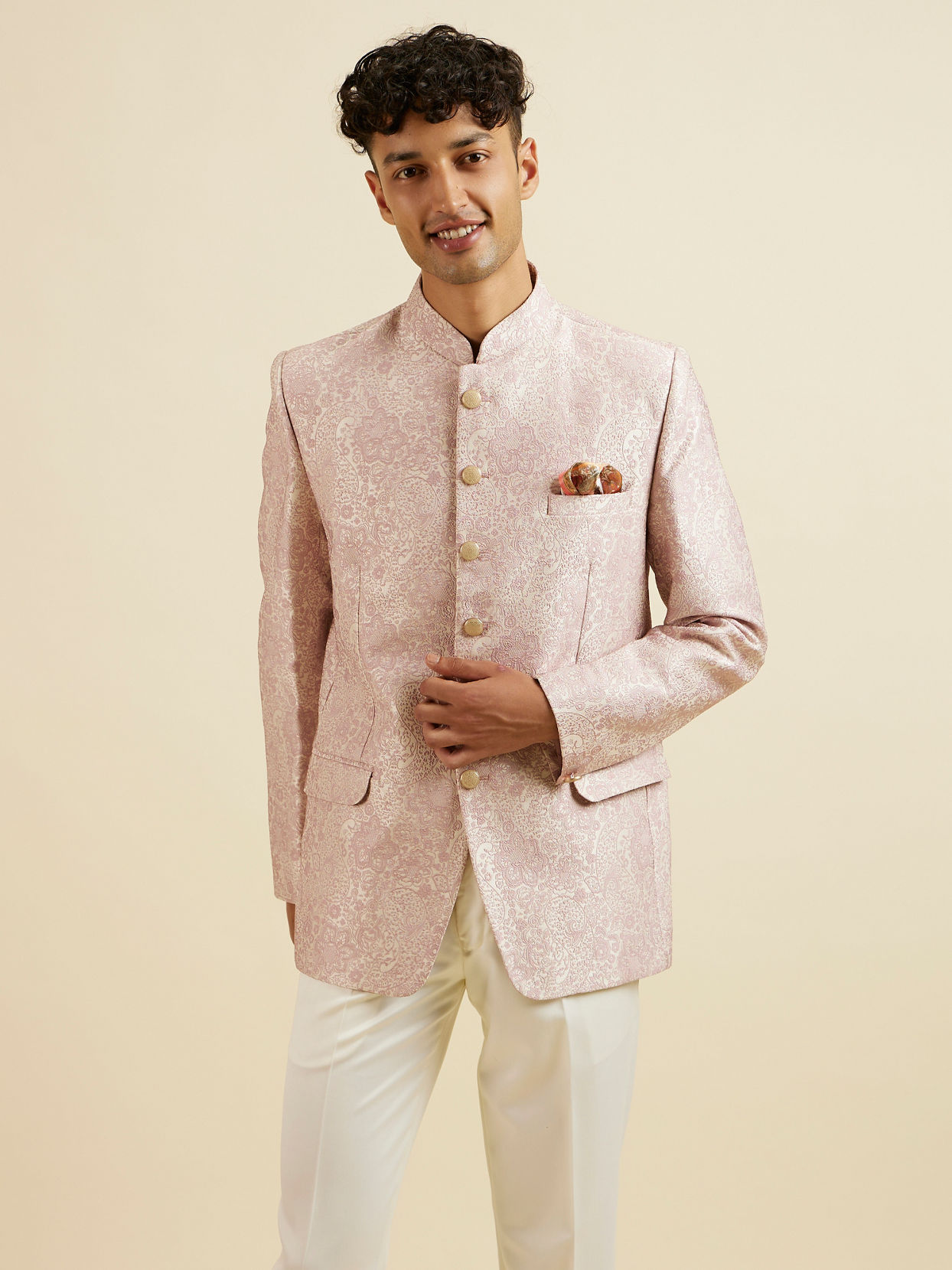 Manyavar Men Dusty Pink Floral Jaal Patterned Jodhpuri Set