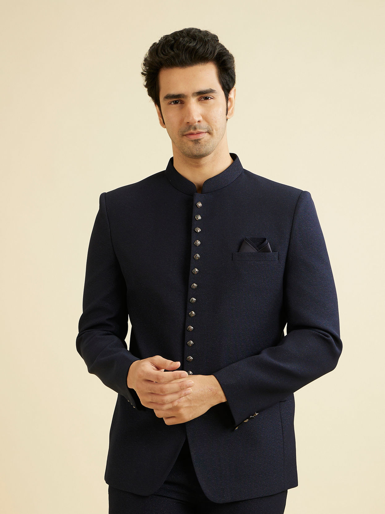 alt message - Manyavar Men Dark Blue Classic Jodhpuri Suit image number 0