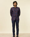 Manyavar Men Dark Blue Bel Buti Patterned Suit Set