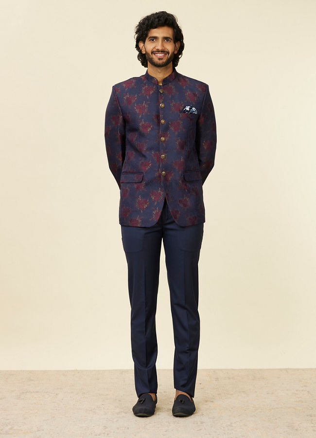 Manyavar Men Dark Blue Bel Buti Patterned Suit Set