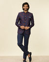 Manyavar Men Dark Blue Bel Buti Patterned Suit Set