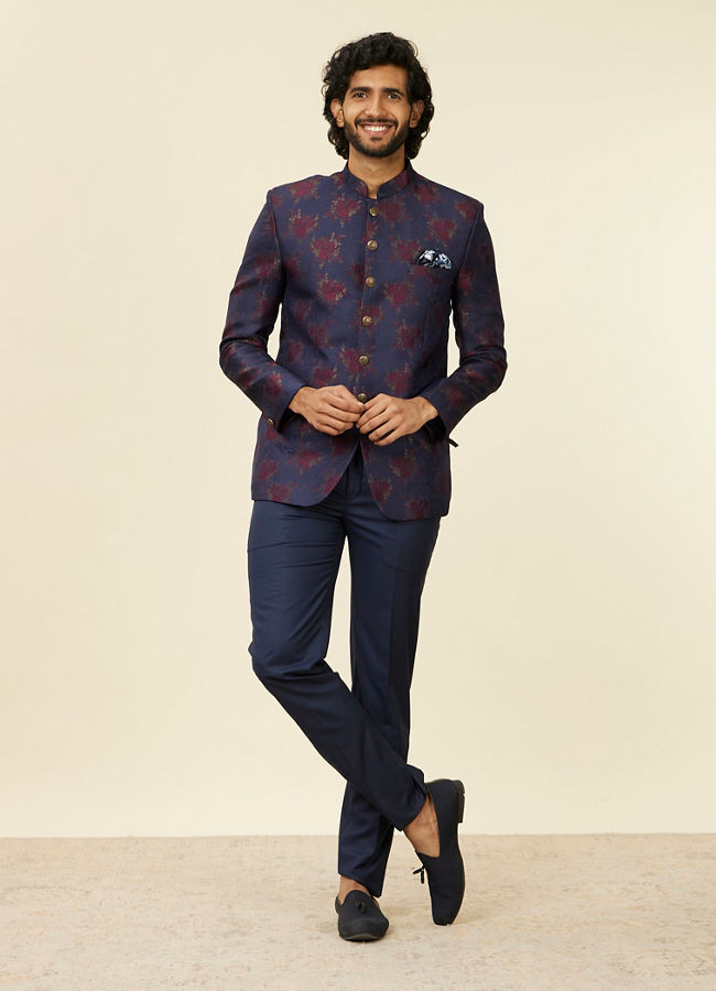 Manyavar Men Dark Blue Bel Buti Patterned Suit Set
