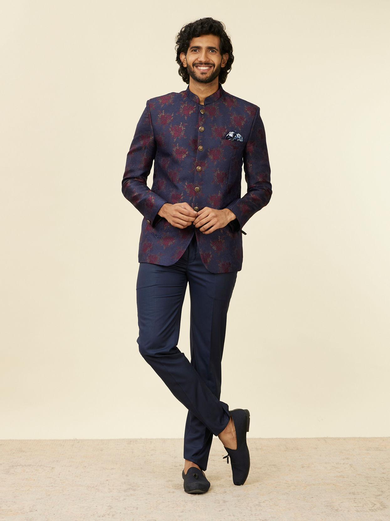 Manyavar Men Dark Blue Bel Buti Patterned Suit Set