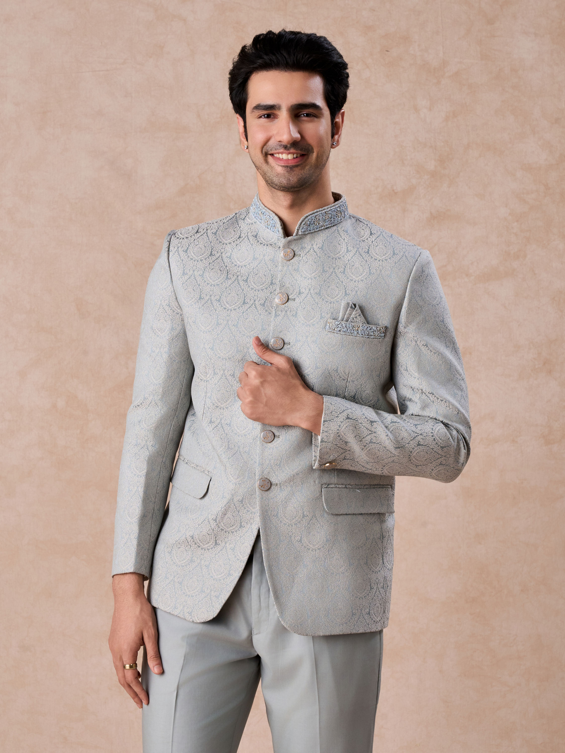 Manyavar Men Regal Light Blue Jodhpuri Suit