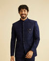 alt message - Manyavar Men Dark Blue Georgette Suit Set image number 0