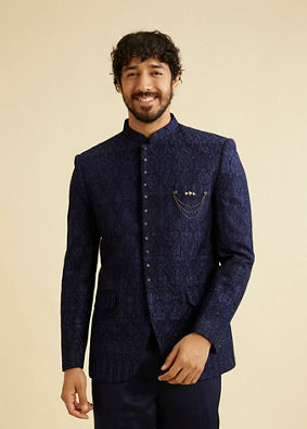 alt message - Manyavar Men Dark Blue Georgette Suit Set image number 0