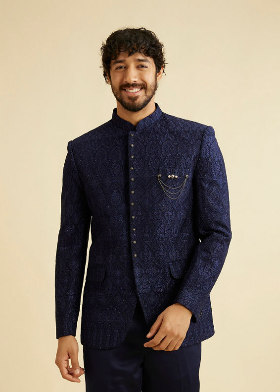 Manyavar Men Dark Blue Georgette Suit Set