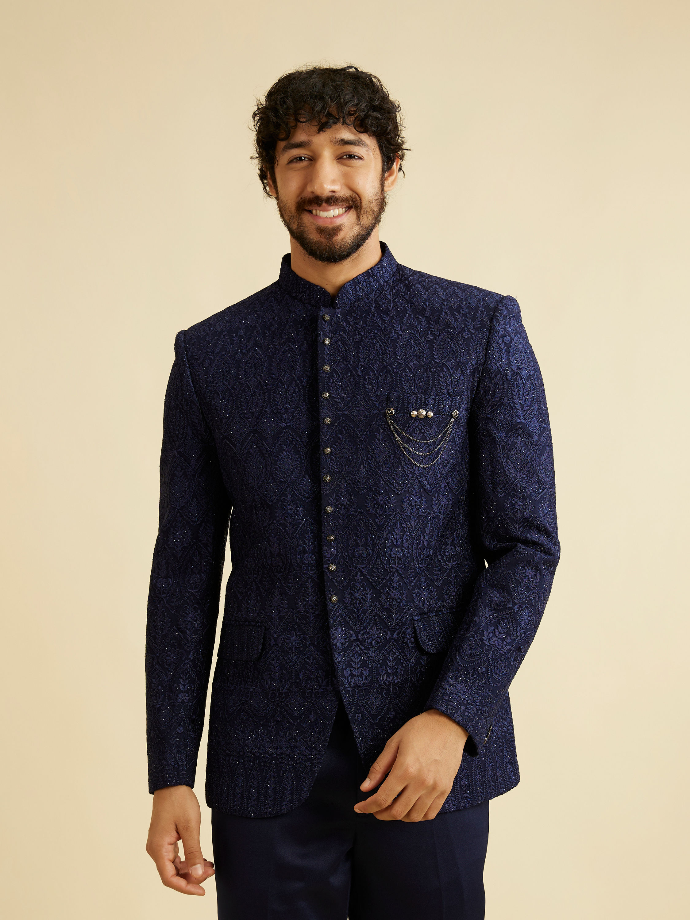 Manyavar Men Dark Blue Georgette Suit Set