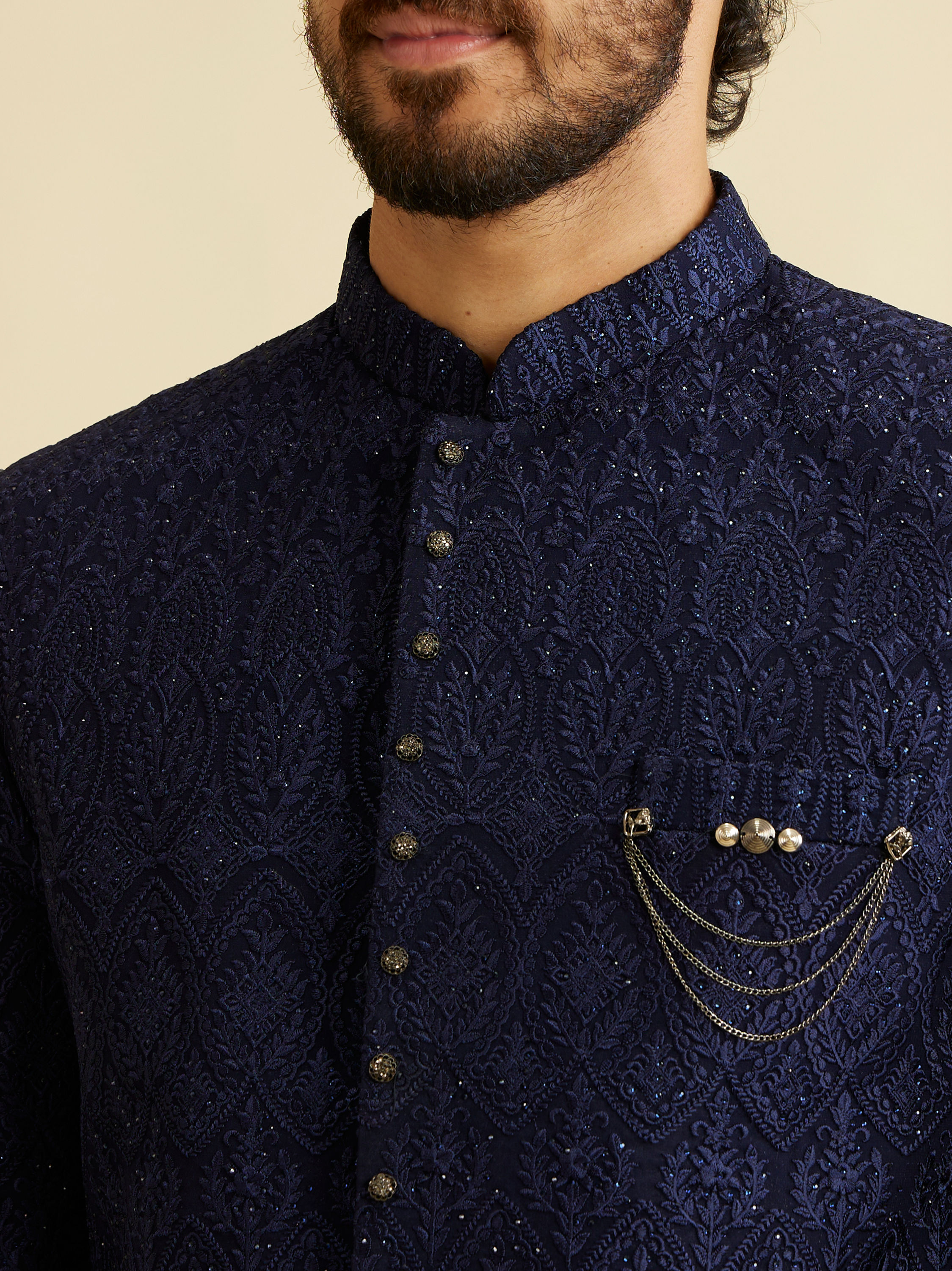 Manyavar Men Dark Blue Georgette Suit Set