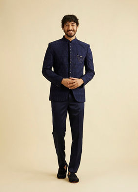 alt message - Manyavar Men Dark Blue Georgette Suit Set image number 2