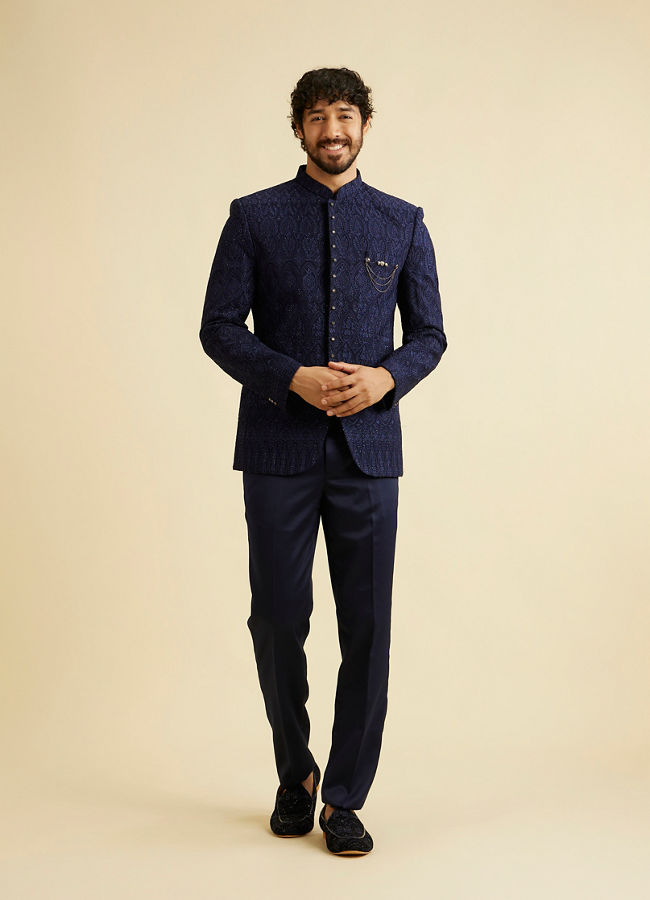 Manyavar Men Dark Blue Georgette Suit Set