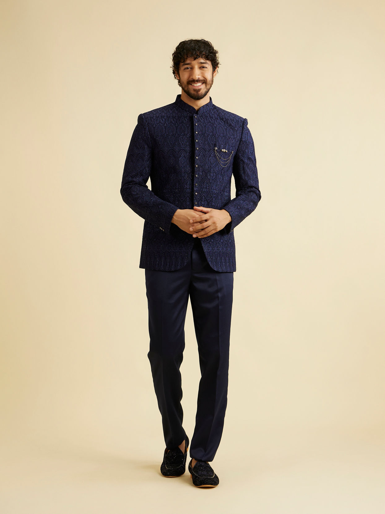 Manyavar Men Dark Blue Georgette Suit Set