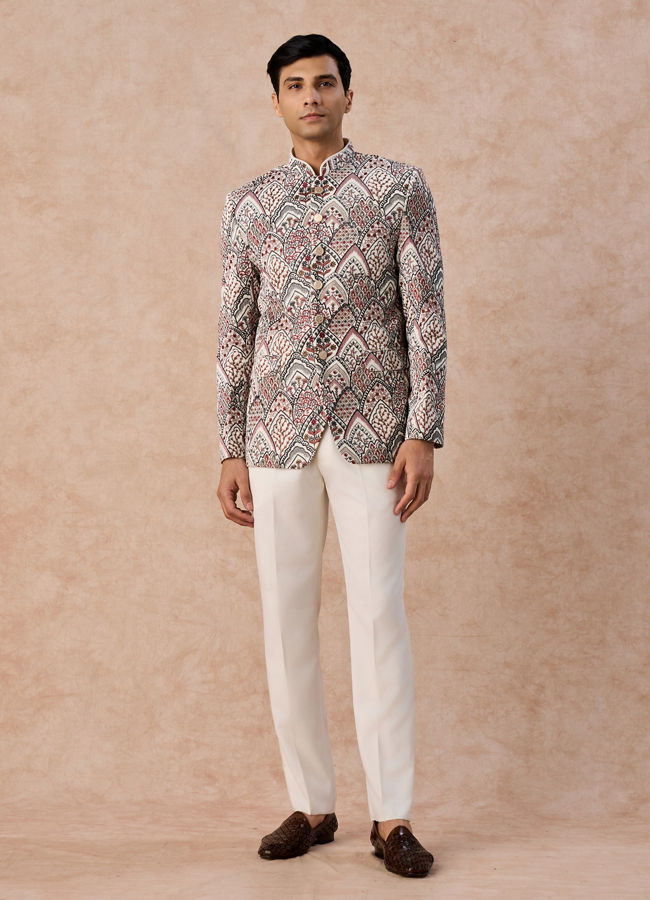 Manyavar Men Opulent Cream Velvet Jodhpuri Suit