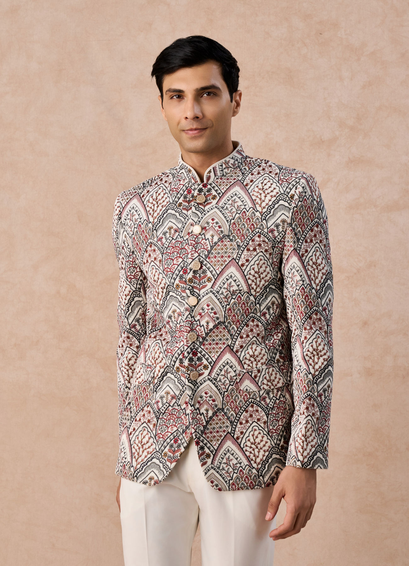 Manyavar Men Opulent Cream Velvet Jodhpuri Suit