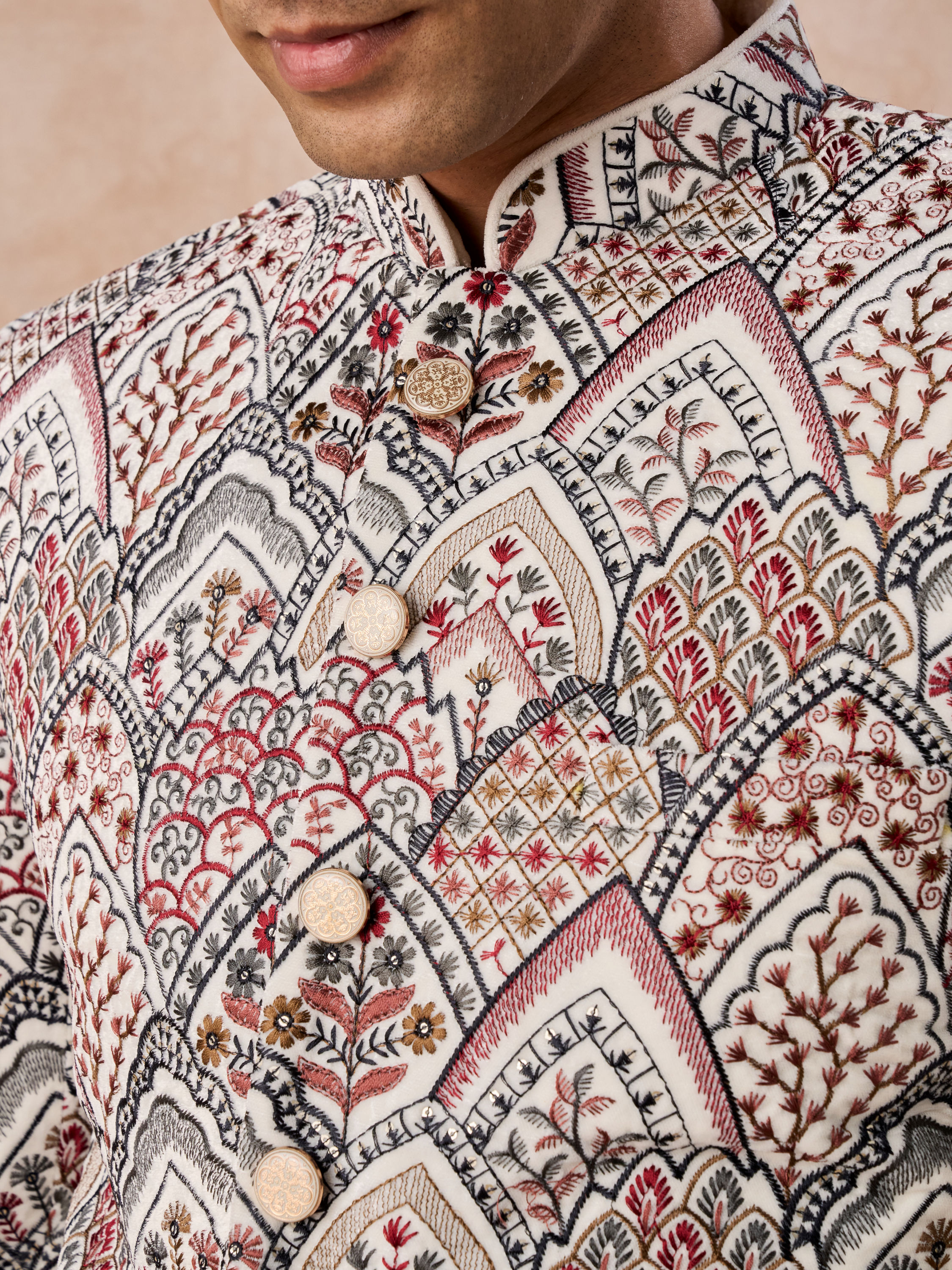 Manyavar Men Opulent Cream Velvet Jodhpuri Suit