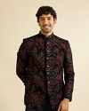 Manyavar Men Dark Blue Fern Motifs in Fish Scale Pattern Jodhpuri Set