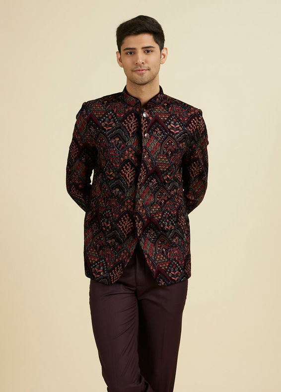 Manyavar Men Wine Velvet Ensemble Suit Set