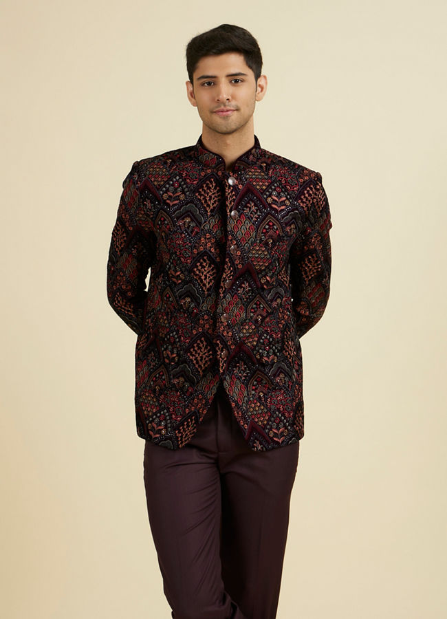 Manyavar Men Wine Velvet Ensemble Suit Set