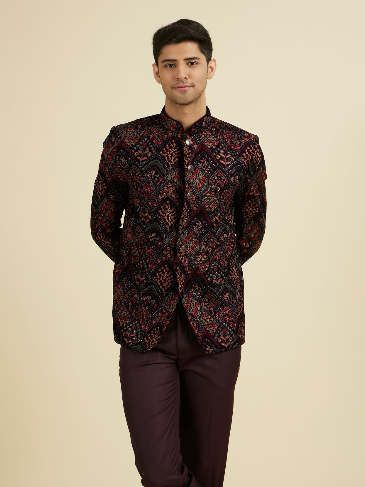 Manyavar Men Wine Velvet Ensemble Suit Set
