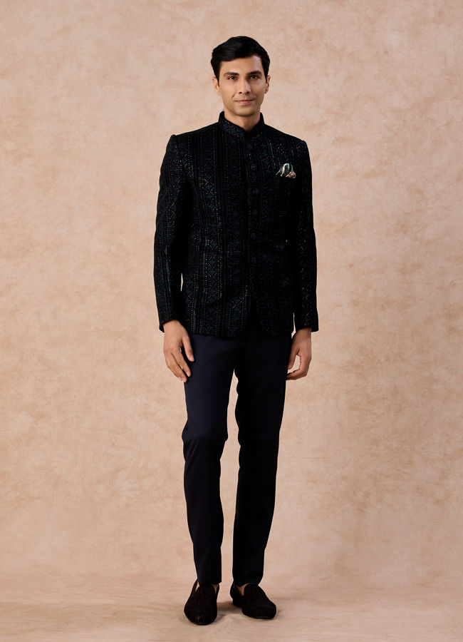 Manyavar Men Teal Velvet Sensation Jodhpuri Suit