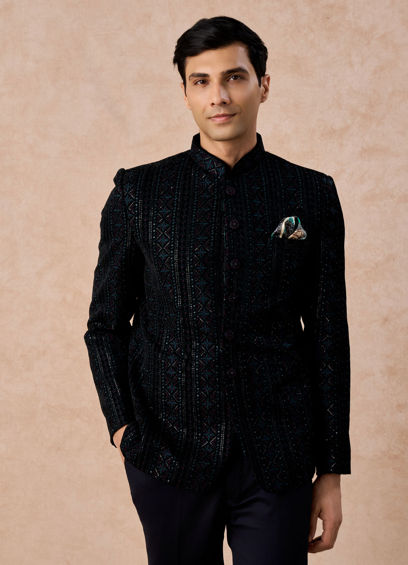 Manyavar Men Teal Velvet Sensation Jodhpuri Suit
