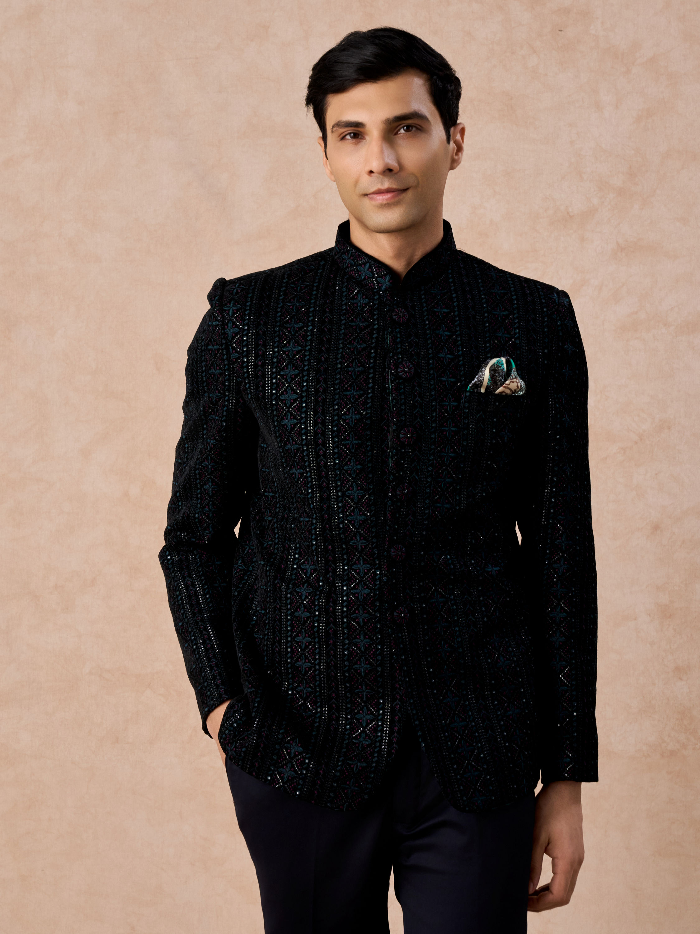 Manyavar Men Teal Velvet Sensation Jodhpuri Suit